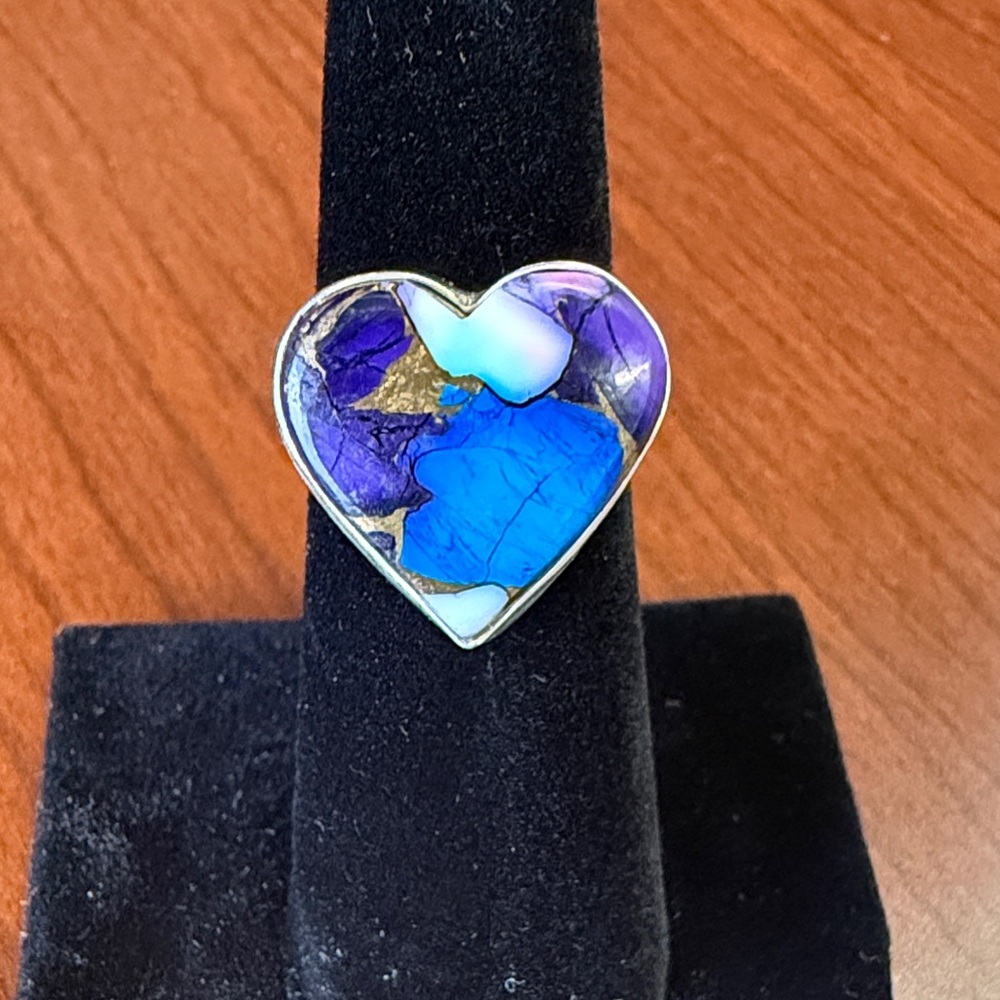 New 925 Sterling Silver Purple Dahlia Turquoise Heart-Shaped Ring Size 5.5